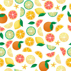 Summer pattern of refreshing citrus fruits. Grapefruit, lemon, orange and lime print. Tropical fruits. Summer sweets. Vector illustration
