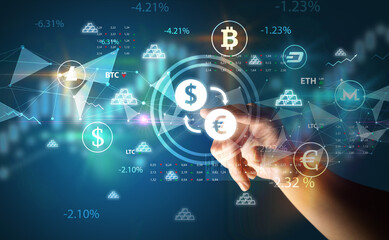Business person hand pushing currency symbol on multimedia touch screen