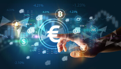 Business person hand pushing currency symbol on multimedia touch screen