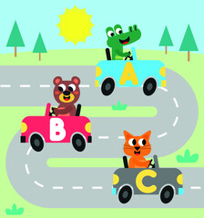 Cute animals compete with cars with letters written on them