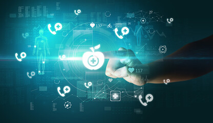 Obraz premium Doctor hand pressing futuristic health device with medical symbol on screen