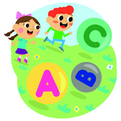 Cute kids chasing letter balls vector illustration