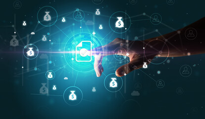 Businessman hand pressing stock graphic information on multitouch screen