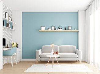 Cozy minimalist living room with sofa and work desk. Light blue wall and wooden floor, 3d rendering