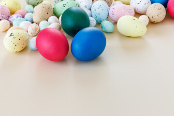 Naklejka na ściany i meble Beautiful Easter card with colorful eggs on paper beige background.