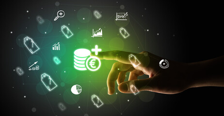 Businessman finger touching on screen multimedia interface with hand drawn currency icons