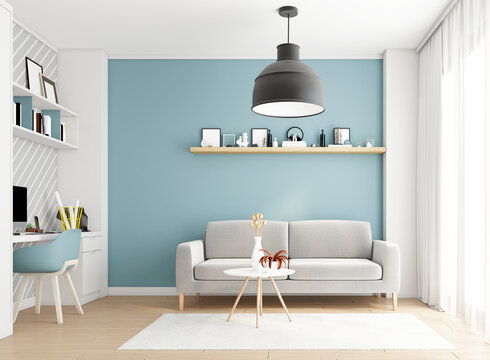 Cozy minimalist living room with sofa and work desk. black hanging lamp Light blue wall and wooden floor. 3d rendering