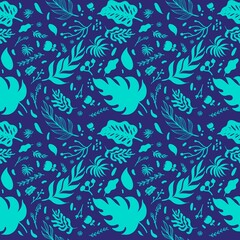 Colorful tropical rainforest. Seamless pattern with abstract flowers leaves and other plants. Aloha textile collection.illustration background