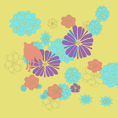 Flowers illustration with a yellow background. Floral pattern with fox. Art illustration. Card, decoration and design.