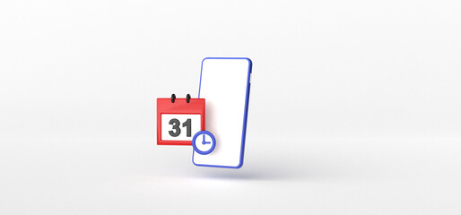 Smartphone with Calendar isolate on White background, Reminder, Holiday, 3d rendering.