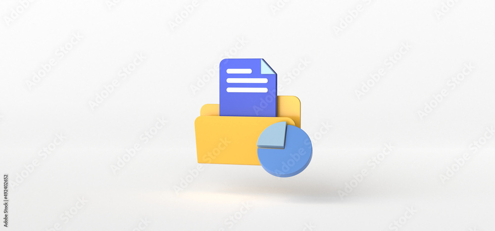 Poster document and chart isolate on white background, graph, folder, candlestick, 3d rendering.