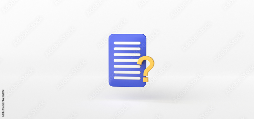 Poster document and question mark isolate on white background, folder, 3d rendering.