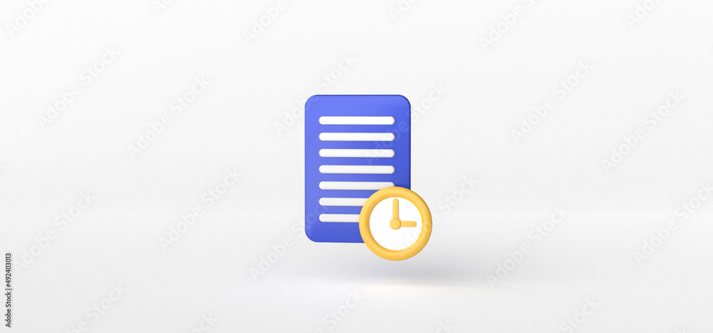 Poster document and clock isolate on white background, folder, 3d rendering.