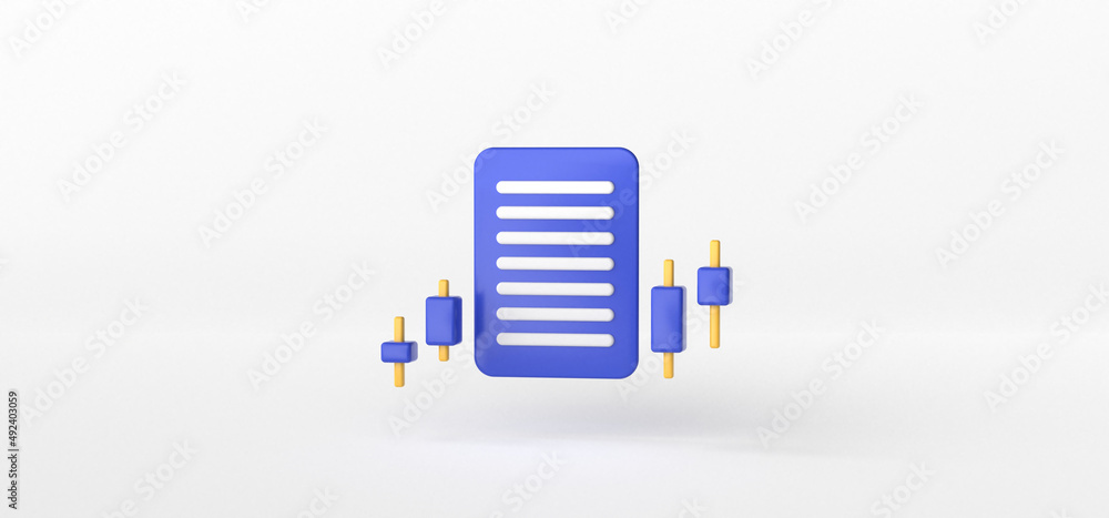 Poster document and chart isolate on white background, graph, folder, candlestick, 3d rendering.