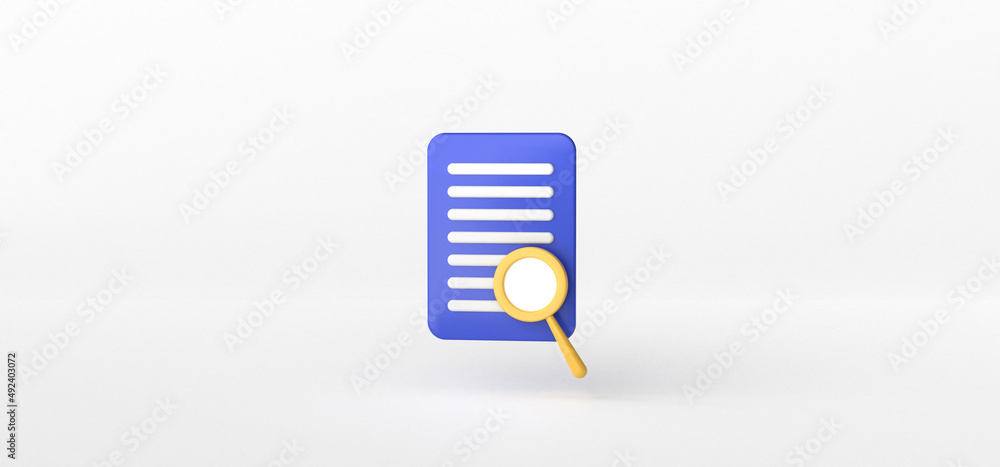 Poster folder, document and magnify isolate on white background, 3d rendering.