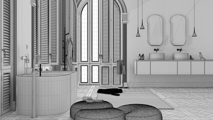 Unfinished project draft, contemporary bathroom in vintage apartment with arched window. Freestanding bathtub, washbasins, mirrors, carpet, rack, towels. Minimalist interior design