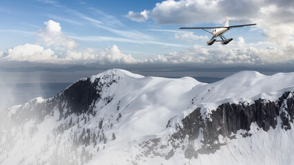 View of Canadian Mountain Landscape with Seaplane Flying. Dramatic Cloudy Sky Art Render. 3d rendering Airplane. Background image from near Vancouver, BC, Canada. Adventure Travel Concept