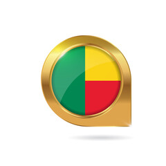 Flag of Benin, location map pin, pointer flag, button with the reflection of light and shadow, gold frame, Icon country. Realistic vector illustration on white background