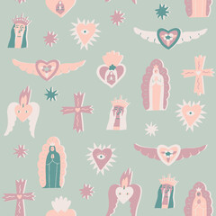 Valentines day seamless pattern with sacred Mexican hearts. Pray for love print. Vector illustration - 492404207