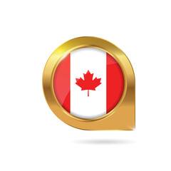 Flag of Canada, location map pin, pointer flag, button with the reflection of light and shadow, gold frame, Icon country. Realistic vector illustration on white background