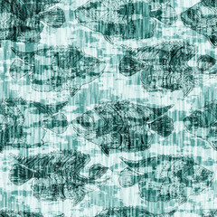 Aegean teal shoal of fish linen wash nautical background. Summer coastal style fabric swatches. Under the sea life swimming tropical fishes material. 2 tone blue dyed textile seamless pattern.