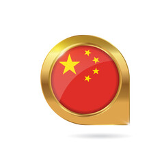 Flag of China, location map pin, pointer flag, button with the reflection of light and shadow, gold frame, Icon country. Realistic vector illustration on white background