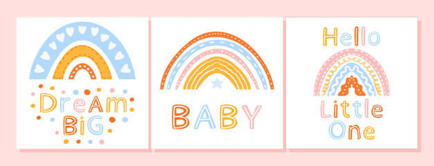 Nordic baby greeting card set with hand-drawn vector raibows and phrases