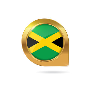 Flag of Jamaica, location map pin, pointer flag, button with the reflection of light and shadow, gold frame, Icon country. Realistic vector illustration on white background