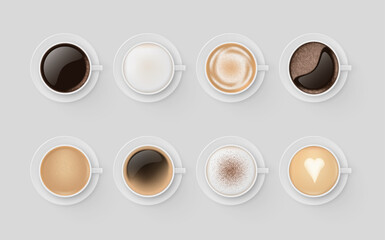 Realistic coffee cups top view collection vector illustration caffeine hot beverage assortment menu