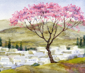 Watercolor landscape. Blooming almond tree on a mountain above the city