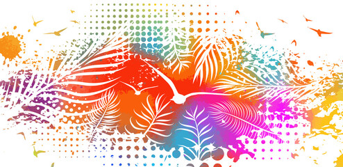 Fototapeta na wymiar Abstract multicolored watercolor imitation splashes background with tropical palm leaves. Trendy summer vacation background.