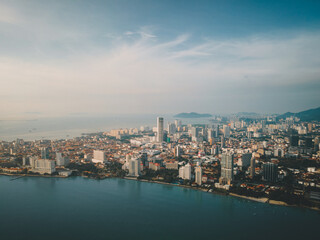 Komtar over George Town City aerial drone view at Penang, Malaysia