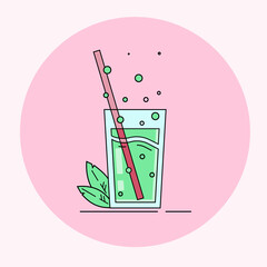 
Glass cup with carbonated lemonade, straw and mint leaves. Bright, cartoon, flat vector illustration isolated on pink background
