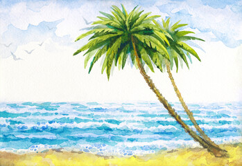 Fototapeta na wymiar Watercolor landscape. Palm tree by the sea