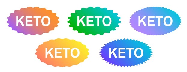 Set of keto stamps. Love keto. Ketogenic diet. Plant based vegan food product label. Gradient logo or icon. Sticker. Vegetarian.Keto approved friendly.