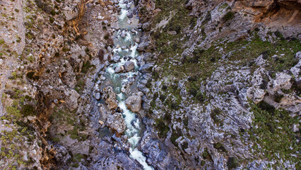 Aerial shot of the Kourtaliotiko gorge in crete, Greece