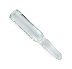 Glass ampoule with pharmaceutical product on white background, top view