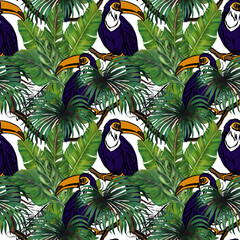 Toucan bird in the leaves of wild plants. Seamless pattern is applicable as scrapbooking and fabric design