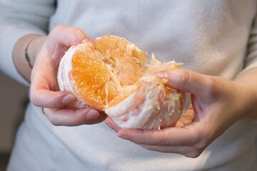 Red grapefruit split in half
