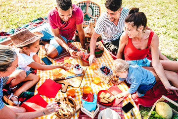 Multiracial families having fun together with kids at park on pic nic party - Genuine joy and love life style concept with mixed age people toasting juices with children at park - Warm bright filter - 492411229