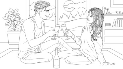 Vector illustration, a beautiful young couple, the newlyweds are sitting on the floor of the house drinking wine, champagne