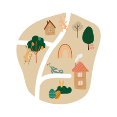 Egg hunt boho map. Happy Easter design. Town with houses, bunnies and rainbow. Vector stock illustration