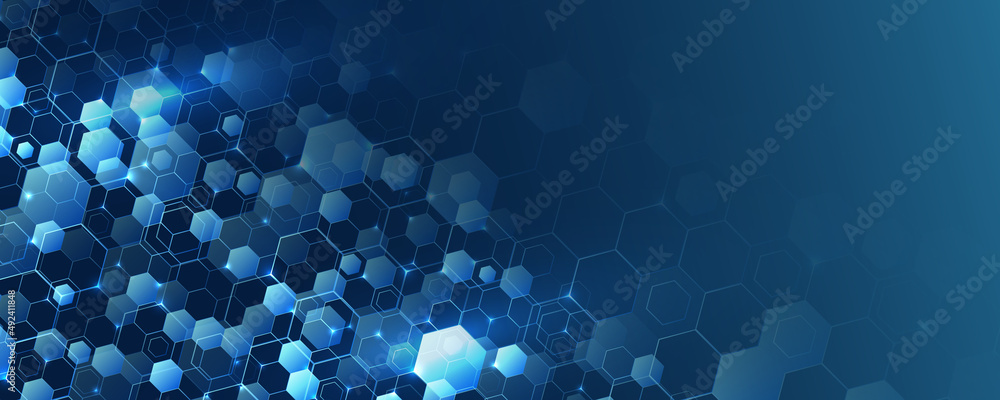 Poster medical, technology, or science design. blue vector banner design with hexagons abstract background.