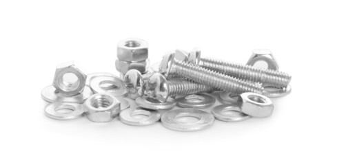 Many metal bolts and nuts on white background