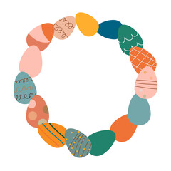 Colorful egg wreath with space for text. Happy Easter poster. Bohemian style. Springtime concept. Vector illustration