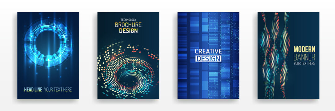 Blue layout futuristic brochures, flyers, placards. Contemporary science and digital technology concept. Vector template for brochure or cover with hi-tech elements background.