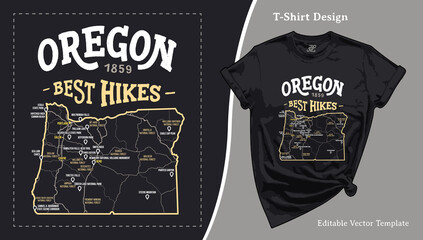 Oregon National Park Trails Map T-Shirt Design. Oregon Attraction Tee Template - obrazy, fototapety, plakaty
