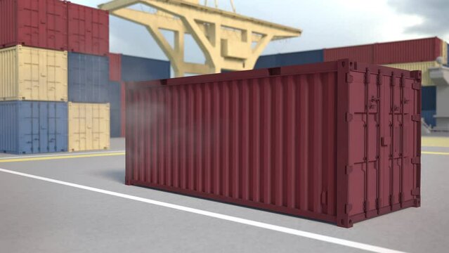 Container warehouse. The red container falls with clouds of dust. Spectacular drop of a container in the port. The concept of cargo and transatlantic transportation