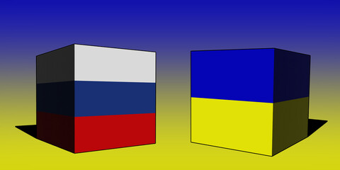 Ukraine - Russia. Conflict between Russia and Ukraine war concept. Ukraine flag background. Ukraine and Russia 3D cubes Horizontal design. Illustration. Map. Jerson. Stop the fire. 36 hours.