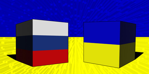 Ukraine - Russia. Conflict between Russia and Ukraine war concept. Ukraine flag background. Ukraine and Russia 3D cubes Horizontal design. Illustration. Map. Jerson. Stop the fire. 36 hours.